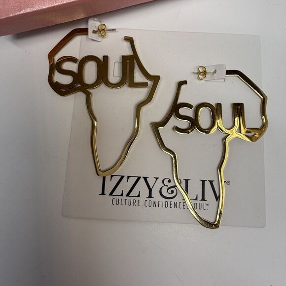 Izzy & Live Gold Tone “SOUL” Africa Shaped Hoop Earrings New - Picture 4 of 7
